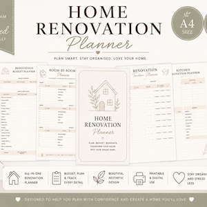 May include: Home Renovation Planner with various pages, including a checklist, budget planner, and room-by-room planner. The design is beige and white, with text that reads "Home Renovation Planner". The planner is A4 size and has 10 pages.