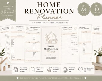 May include: Home Renovation Planner with various pages, including a checklist, budget planner, and room-by-room planner. The design is beige and white, with text that reads "Home Renovation Planner". The planner is A4 size and has 10 pages.