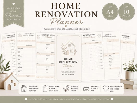 Home Renovation Planner Printable PDF | Project Management template for Remodel Budget Tracker & Renovation Checklist, Digital download