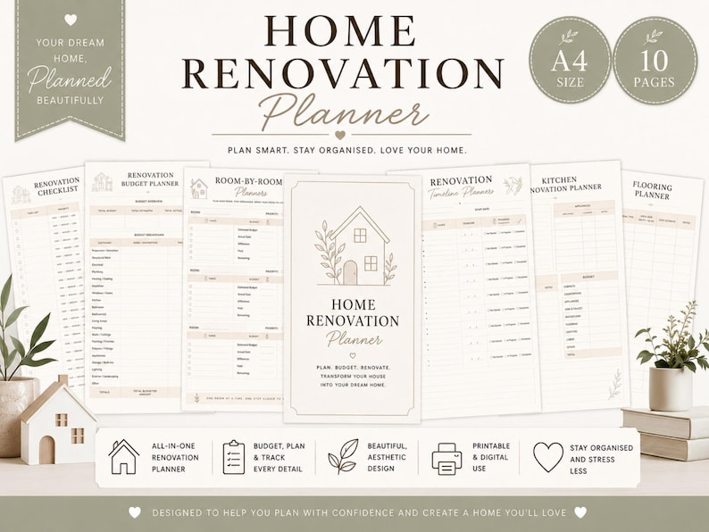 May include: Home Renovation Planner with various pages, including a checklist, budget planner, and room-by-room planner. The design is beige and white, with text that reads "Home Renovation Planner". The planner is A4 size and has 10 pages.