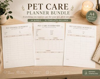 May include: A Pet Care Planner Bundle featuring three A4 printable templates titled Pet Feeding Schedule, Pet Care Dashboard, and Pet Cleaning Schedule. The documents include organized tables for tracking daily routines, feeding, and cleaning tasks.