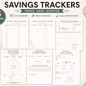 May include: A collection of printable savings trackers with a minimalist design. Includes templates for a 52-week savings challenge, milestone tracker, monthly budget calendar, and financial focus planner. The design is in neutral tones with botanical accents.