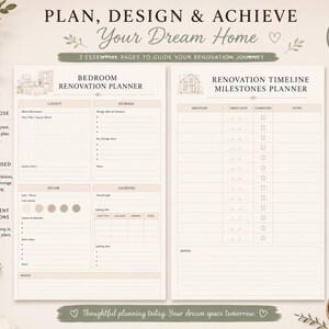May include: A beige A4 template for home renovation planning. The design includes a bedroom renovation planner and a renovation timeline milestones planner. The text includes "Plan, Design & Achieve Your Dream Home". The image also includes a cup of coffee.