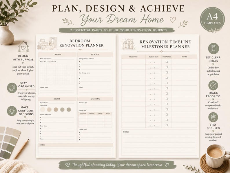 May include: A beige A4 template for home renovation planning. The design includes a bedroom renovation planner and a renovation timeline milestones planner. The text includes "Plan, Design & Achieve Your Dream Home". The image also includes a cup of coffee.