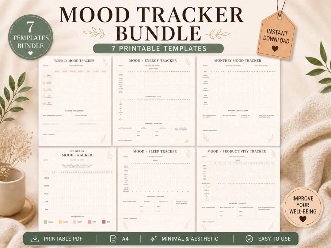 Mood Tracker Printable Bundle A4 PDF | Mood & Energy Tracker | Mental ...