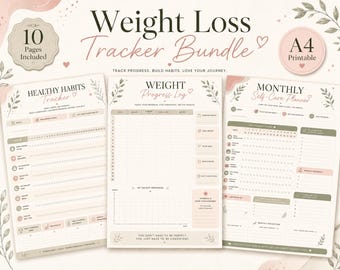 May include: A Weight Loss Tracker Bundle featuring three A4 printable pages with soft pink and green accents. The sheets include a Healthy Habits Tracker, a Weight Progress Log, and a Monthly Self-Care Planner with various checkboxes and sections.