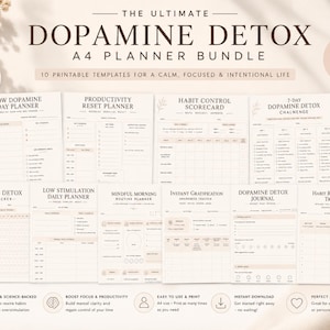 May include: A bundle of ten printable A4-size planner templates with a beige and white color scheme. The text on the cover reads "Dopamine Detox" and "A4 Planner Bundle". The templates include a daily planner, habit tracker, and journal.