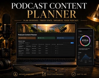 May include: A digital podcast content planner displayed on a laptop screen and a smartphone. The screen shows a dashboard with episode ideas, revenue tracking, and a colorful pie chart. The text reads Podcast Content Planner and Instant Download.