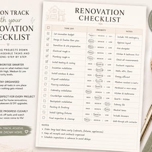 May include: A cream-colored A4 size renovation checklist with a detailed task list, priority levels, and notes. Includes a cup of coffee, a pen, and a binder clip. The checklist helps to stay organized during home renovations.