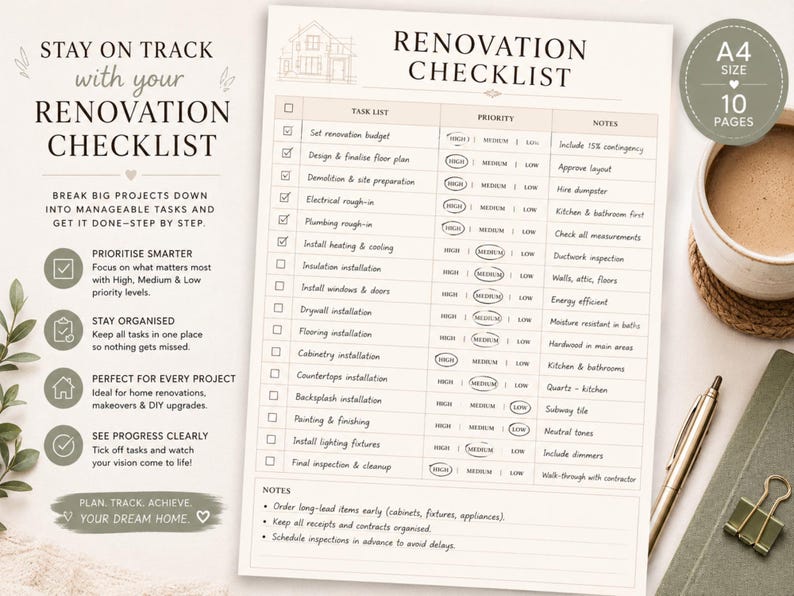 May include: A cream-colored A4 size renovation checklist with a detailed task list, priority levels, and notes. Includes a cup of coffee, a pen, and a binder clip. The checklist helps to stay organized during home renovations.