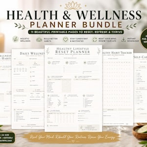 Op de afbeelding: Een Health & Wellness Planner Bundle met 11 afdrukbare pagina's. De pagina's bevatten een Daily Wellness, Healthy Lifestyle Reset Planner en Self-Care Planner. De tekst bevat "Reset Your Mind Rebuild Your Routines Renew Your Energy".