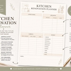May include: A4 size kitchen renovation planner with sections for layout notes, appliances, cabinets, and budget. The planner includes a detailed budget tracker and an appliances overview. The text reads "Plan beautiful kitchens, stay organised, stay on budget."
