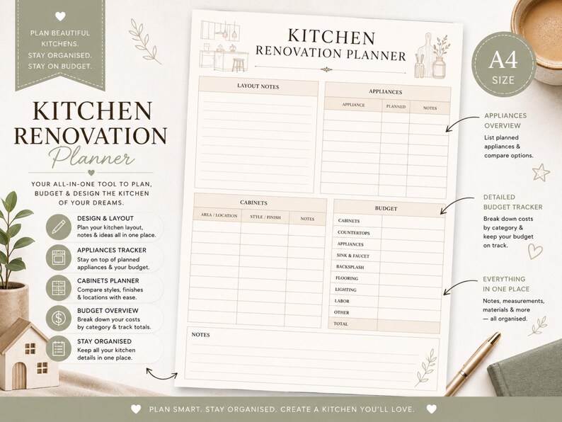May include: A4 size kitchen renovation planner with sections for layout notes, appliances, cabinets, and budget. The planner includes a detailed budget tracker and an appliances overview. The text reads "Plan beautiful kitchens, stay organised, stay on budget."