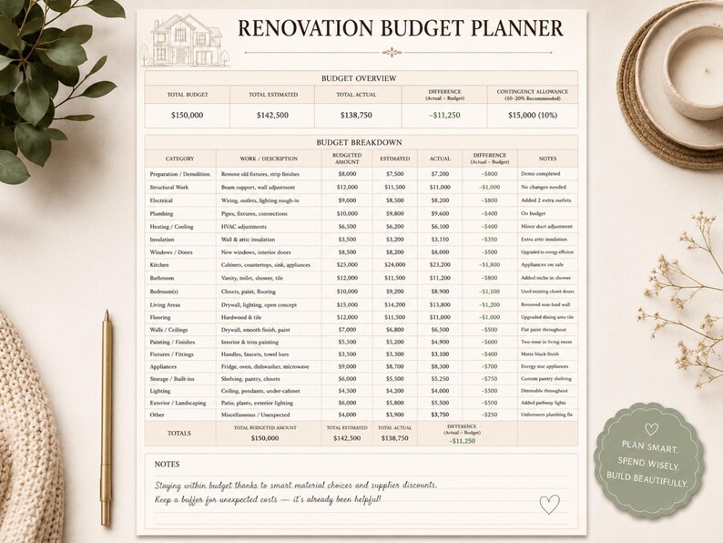 May include: A beige and white "Renovation Budget Planner" sheet with detailed budget categories, amounts, and notes. The planner includes a budget overview and a section for budget breakdown. A gold pen and decorative elements are in the background.