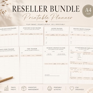 Op de afbeelding: Een afdrukbare A4 reseller bundel met acht pagina's, inclusief trackers voor verkoop, inventaris, lijsten en winst. De planner heeft een neutraal kleurenschema en de tekst "Reseller Bundle Printable Planner".