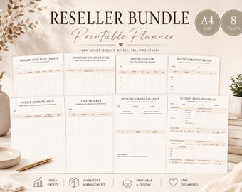May include: A printable reseller bundle with eight pages, including trackers for sales, inventory, listings, and profit. The A4 size planner features a neutral color scheme and the text "Reseller Bundle Printable Planner".