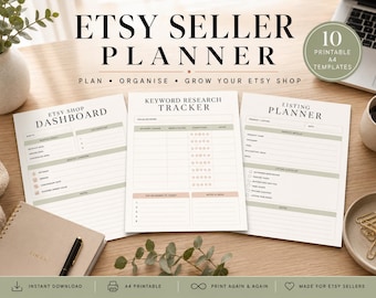 May include: A set of 10 printable A4 templates titled Etsy Seller Planner, featuring an Etsy Shop Dashboard, Keyword Research Tracker, and Listing Planner. The pages include sections for monthly goals, keyword metrics, and product listing details.