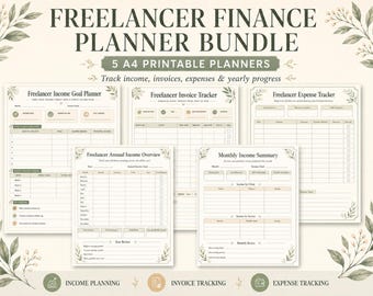 May include: A digital bundle of five A4 printable planners for freelancers, featuring a cream background with green botanical accents. The set includes trackers for income goals, invoices, expenses, annual income overviews, and monthly income summaries.