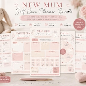 New Mom Planner Bundle Printable A4 PDF | Postpartum Recovery Planner, Baby Feeding Log, Self Care Workbook