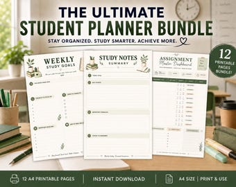 May include: A student planner bundle featuring three printable pages with green and cream accents. The pages include sections for weekly study goals, study notes summary, and an assignment master dashboard. Text includes THE ULTIMATE STUDENT PLANNER BUNDLE, 12 PRINTABLE PAGES BUNDLE, and A4 SIZE.