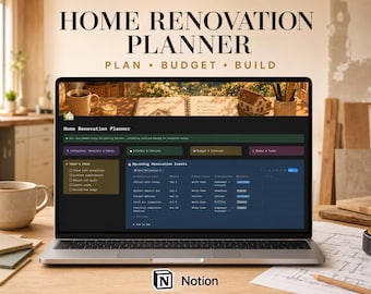 May include: A laptop screen displaying a Home Renovation Planner Notion template. The interface features a dark theme with sections for tasks, budget, and timeline. The header includes the text Home Renovation Planner, Plan, Budget, Build.