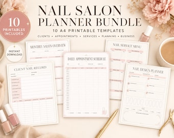 May include: A nail salon planner bundle featuring 10 A4 printable templates including a client nail record, monthly salon overview, daily appointment schedule, nail service menu, and nail design planner with pink and black text on white paper.
