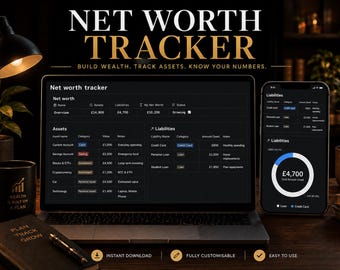 May include: A digital net worth tracker displayed on a laptop screen and a smartphone. The interface features tables for assets and liabilities with columns for name, category, value, and notes. The text reads Net Worth Tracker, Build Wealth, Track Assets, Know Your Numbers, Instant Download, Fully Customisable, and Easy To Use.