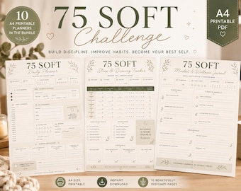 May include: A bundle of 10 A4 printable planners for the 75 Soft Challenge, featuring a daily planner, sleep and recovery tracker, and mindset and wellness journal. The pages are cream-colored with dark green text, botanical accents, and headers.