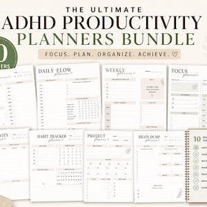 May include: A bundle of 10 ADHD productivity planners. The cover reads "The Ultimate ADHD Productivity Planners Bundle" with the text "Focus. Plan. Organize. Achieve." The planners include daily, weekly, and project planning pages. The bundle is an instant download.