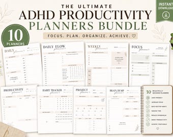 May include: A bundle of 10 ADHD productivity planners. The cover reads "The Ultimate ADHD Productivity Planners Bundle" with the text "Focus. Plan. Organize. Achieve." The planners include daily, weekly, and project planning pages. The bundle is an instant download.