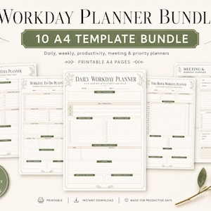 May include: A Workday Planner Bundle featuring 10 A4 printable templates with daily, weekly, productivity, meeting, and priority planners. The pages are white with olive green text and accents, featuring organized sections for tasks, goals, and notes.