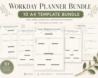 May include: A Workday Planner Bundle featuring 10 A4 printable templates with daily, weekly, productivity, meeting, and priority planners. The pages are white with olive green text and accents, featuring organized sections for tasks, goals, and notes.