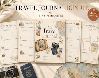 May include: A travel journal bundle featuring 10 A4 printable pages with vintage-style illustrations of a suitcase, camera, and passport. The cover page displays the text My Travel Journal, while other pages include sections for trip details, adventures, and memories.
