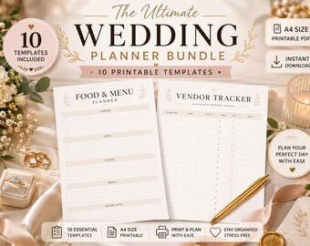 May include: A wedding planner bundle featuring 10 printable A4 templates. The documents include a food and menu planner and a vendor tracker with lined sections. The text reads The Ultimate Wedding Planner Bundle, 10 Templates Included, and Instant Download.
