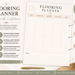 May include: A4 size, 10-page flooring planner with the text "Flooring Planner" and "Plan with Confidence." Features include room-by-room planning, material and size tracking, and cost estimation. Includes a pen and a small plant.