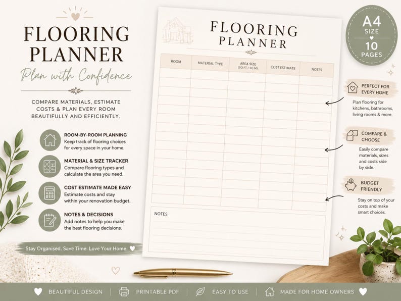 May include: A4 size, 10-page flooring planner with the text "Flooring Planner" and "Plan with Confidence." Features include room-by-room planning, material and size tracking, and cost estimation. Includes a pen and a small plant.