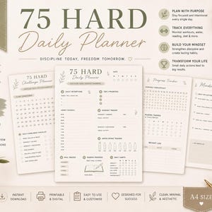Op de afbeelding: Een digitale 75 Hard Daily Planner met een minimalistisch ontwerp. De planner bevat sjablonen voor dagelijkse intenties, workout trackers en mindset reflectie. De tekst bevat "75 Hard Daily Planner" en "Discipline Today, Freedom Tomorrow."