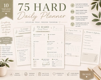 May include: A digital 75 Hard Daily Planner with a minimalist design. The planner includes templates for daily intentions, workout trackers, and mindset reflection. The text includes "75 Hard Daily Planner" and "Discipline Today, Freedom Tomorrow."