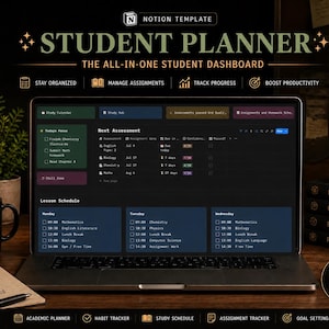 Può includere: Un modello Notion digitale per un pianificatore studentesco visualizzato su uno schermo di un portatile. La dashboard presenta un tema scuro con sezioni per il calendario, il monitoraggio dei compiti e l'orario. Il testo include Student Planner e The All-In-One Student Dashboard.
