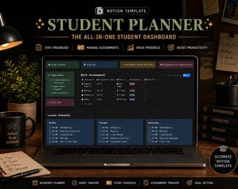 May include: A digital Notion template for a student planner displayed on a laptop screen. The dashboard features a dark theme with sections for a study calendar, assignment tracker, and lesson schedule. Text includes Student Planner and The All-In-One Student Dashboard.