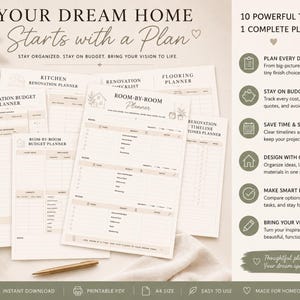 May include: A collection of printable home renovation planners with headings like "Kitchen Renovation Planner" and "Room-by-Room Planner." The text "Your Dream Home Starts with a Plan" is at the top. The planners are beige with a minimalist design.
