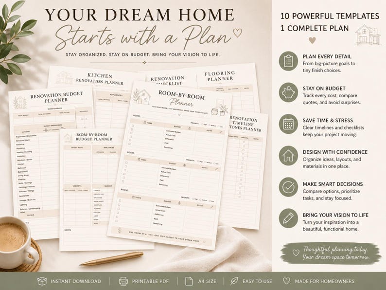 May include: A collection of printable home renovation planners with headings like "Kitchen Renovation Planner" and "Room-by-Room Planner." The text "Your Dream Home Starts with a Plan" is at the top. The planners are beige with a minimalist design.