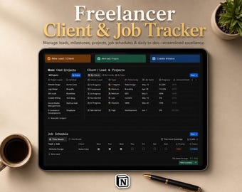 May include: A digital tablet displaying a Freelancer Client & Job Tracker interface with a dark mode theme. The screen shows organized tables for projects, client leads, and a weekly job schedule with columns for status, priority, and earnings.