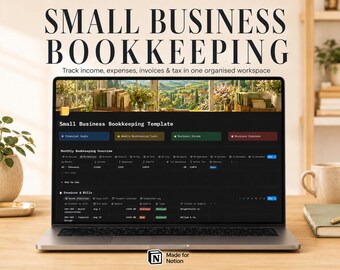 May include: A laptop screen displaying a Small Business Bookkeeping Template with sections for financial goals, income, expenses, and invoices. The interface features a dark theme with organized tables and a header image of a sunlit window overlooking a landscape.