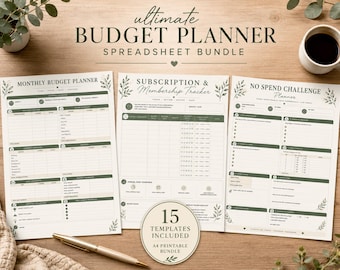 May include: A set of three printable budget planner sheets featuring a Monthly Budget Planner, Subscription & Membership Tracker, and No Spend Challenge Planner. The documents have a cream background with dark green text and botanical accents.