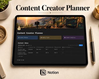 May include: A digital tablet displaying a Content Creator Planner template on a dark interface. The screen shows sections for Creator Revenue, Weekly Tasks, Content Analytics, and a Content Ideas table with columns for episode, type, and dates.