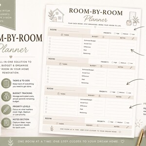 May include: A Room-By-Room planner with a neutral color scheme. The planner includes sections for tasks, budget tracking, priority levels, and notes. The text reads "Plan each room, stay organized, bring your vision to life."