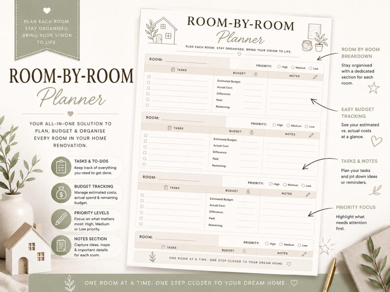 May include: A Room-By-Room planner with a neutral color scheme. The planner includes sections for tasks, budget tracking, priority levels, and notes. The text reads "Plan each room, stay organized, bring your vision to life."