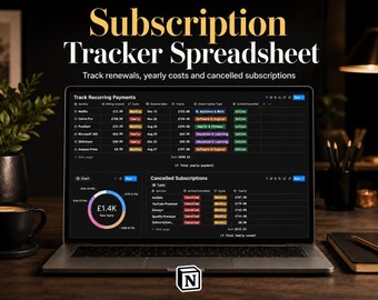 May include: A digital subscription tracker spreadsheet displayed on a laptop screen. The interface features tables for tracking recurring payments, renewal dates, yearly costs, and cancelled subscriptions, alongside a colorful donut chart.