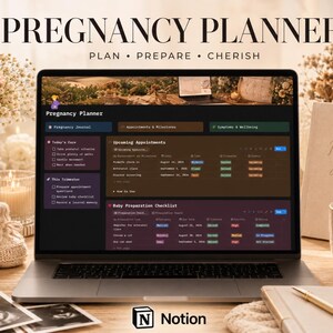 May include: A laptop screen displaying a digital pregnancy planner template with sections for a journal, appointments, milestones, symptoms, and a baby preparation checklist. The interface features dark-themed panels with text and organized tables.